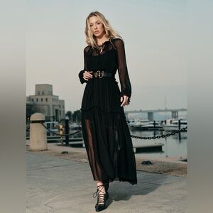 Black Commense‎ Ruffled Chiffon Semi-Sheer Long Sleeve Dress XS